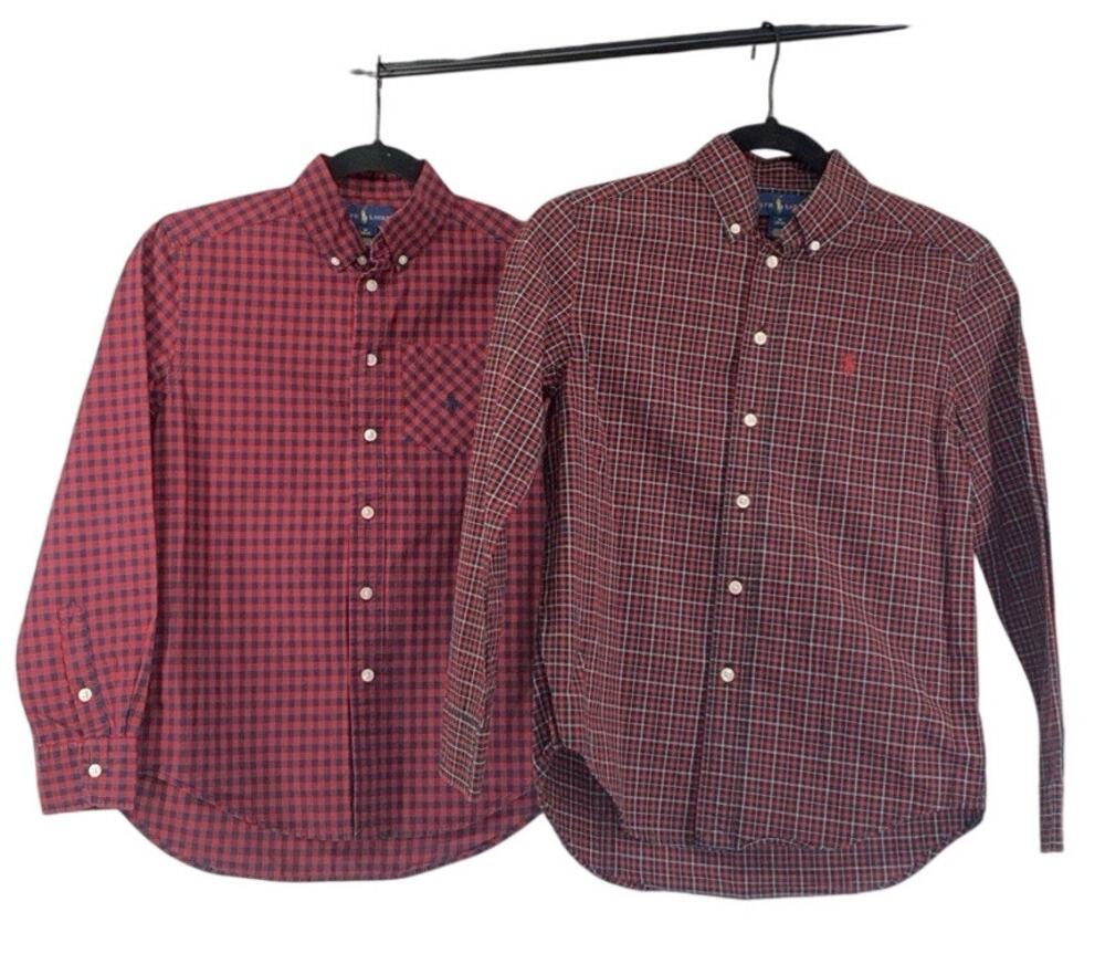 Ralph Lauren Cotton Button Down Red Plaid Shirts Boys Size M Lot Of 2